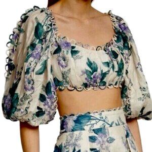 Zimmermann Floral Linen Loop Trim Puff Sleeve Crop Top 0 XS Designer Luxury